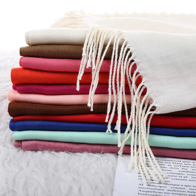 Solid Long Scarf with Decorative Fringed End Trim