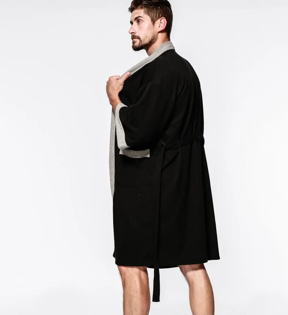 Waffle V Neck Contrast Trim Tie Waist Bathrobe with Pockets