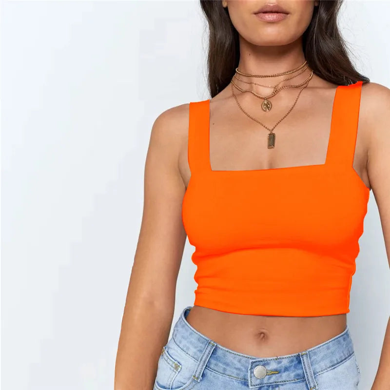 Women's Square Neck Polyester Blend Crop Tank Top with Wide Straps