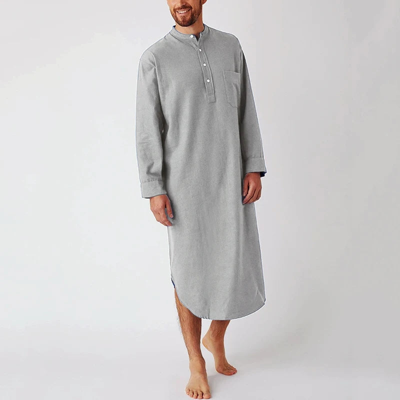 Men's Solid Stand Collar Long Sleeve Button Front Sleep Nightdress
