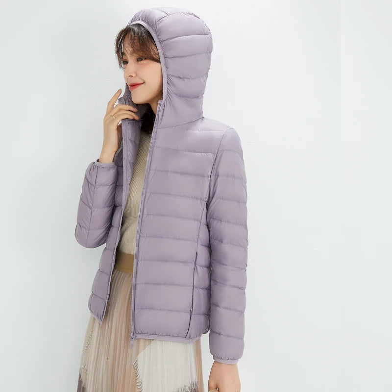 Women's Nylon Hooded Zip-Front Duck-Down Puffer Jacket for Casual Winter Layered Outfits