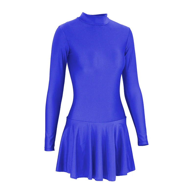 Women's Long Sleeve Skirted Ballet Leotard with Round Neck and Back Zipper