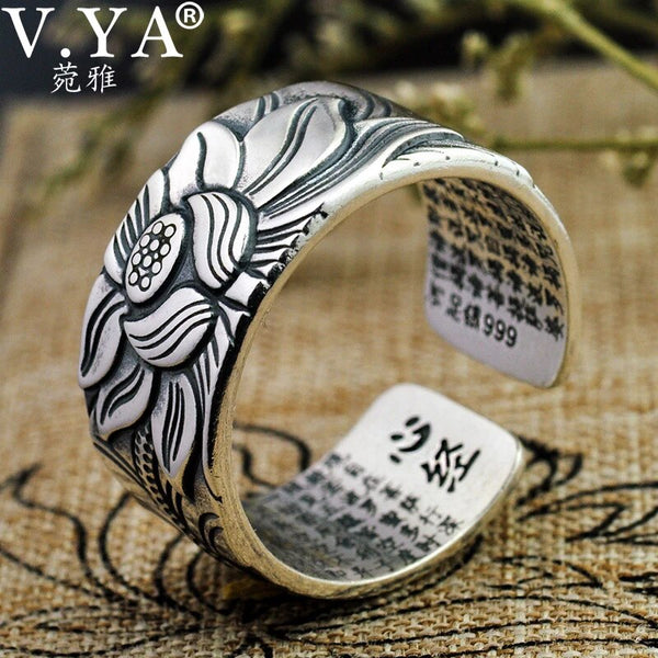999 Silver Lotus Ring Vintage Amulet Buddha Lotus Baltic Buddhist Scriptures Opening Ring For Men Women Silver Jewelry Gift
