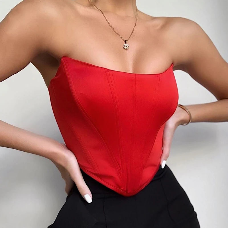 Women's Strapless Velvet Crop Top with Shaped Seams and a Pointed Hem