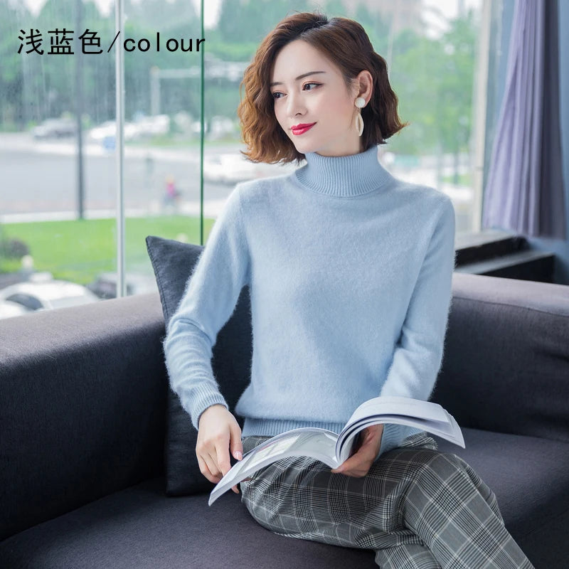 Women's Plain Roll Neck Long Sleeve Sweater Casual Knit Layer