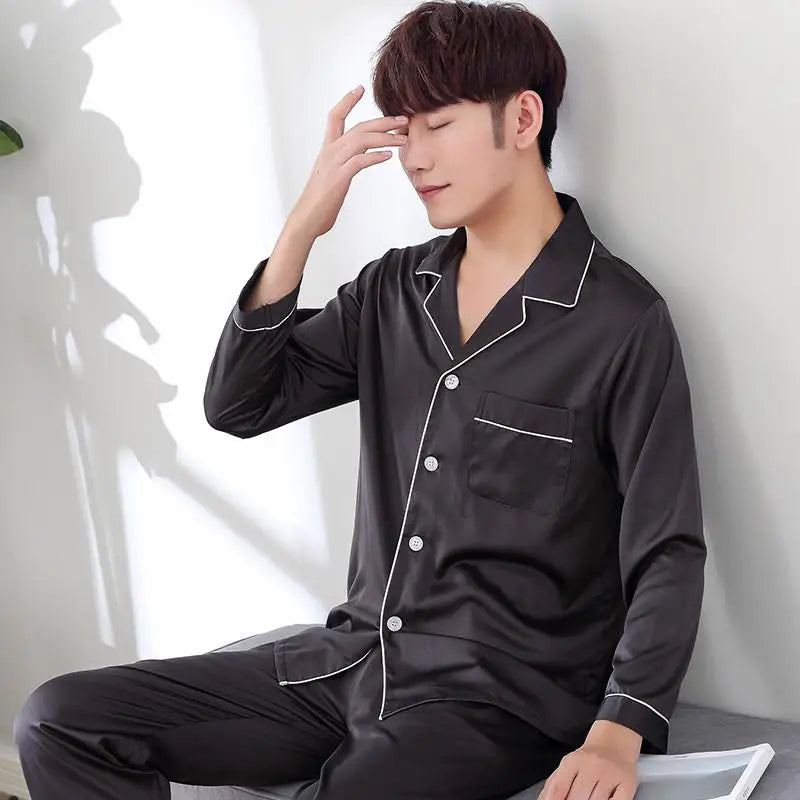 Men's Satin Look Button Front Shirt and Pants Pajama Set
