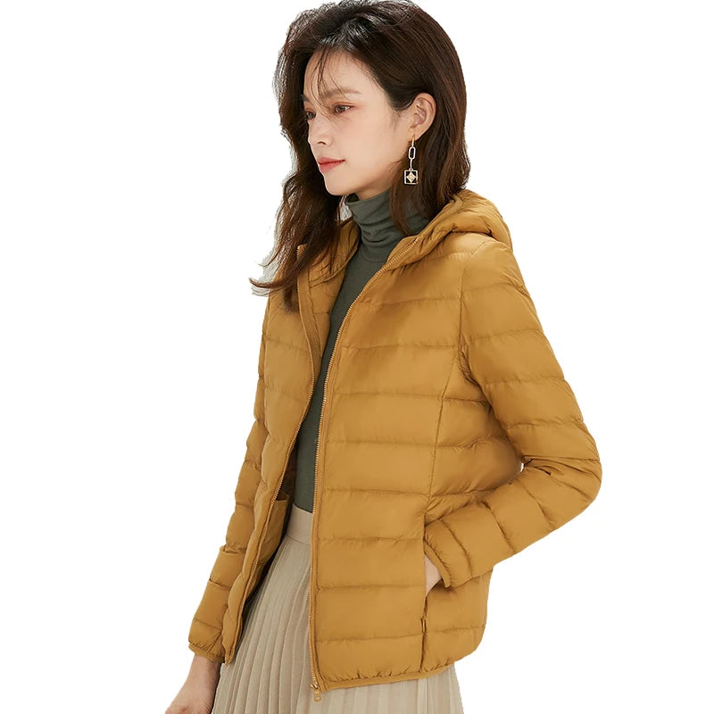 Women's Nylon Hooded Zip-Front Duck-Down Puffer Jacket for Casual Winter Layered Outfits