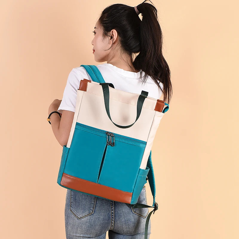 Colour Block Backpack Tote with Twin Handles and Front Zipper Pocket