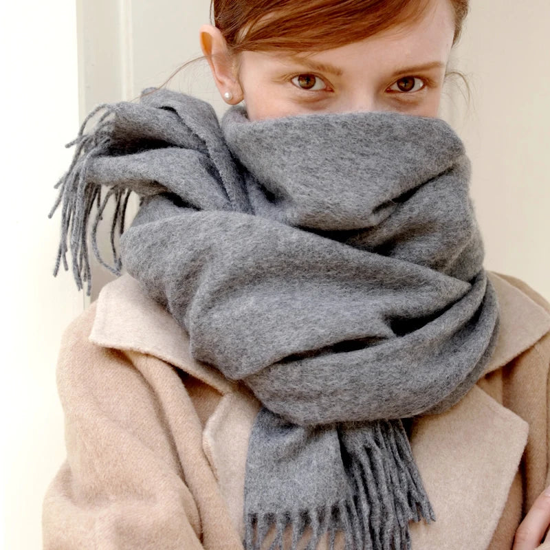 Solid Long Wool Scarf with Decorative Fringed Ends