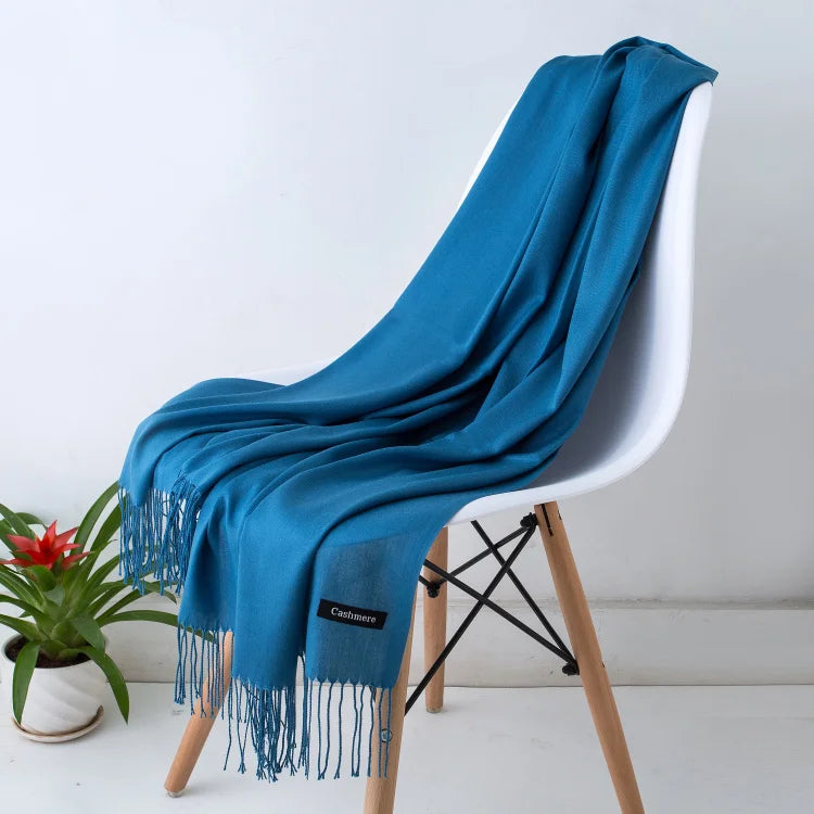 Solid Long Scarf with Decorative Fringed End Trim