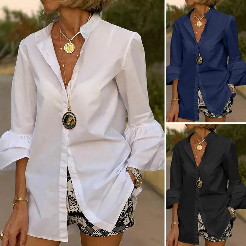Women's Split Neck Blouse with Flared Three Quarter Sleeves