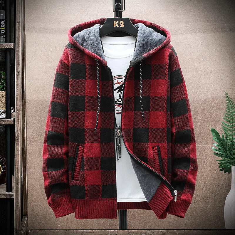 Men's Checked Hooded Zip Front Knit Cardigan