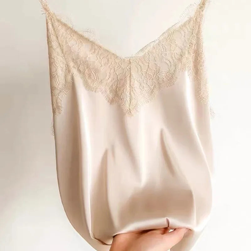Women's Lace Trim Satin Polyester Camisole with Thin Straps and V Neck