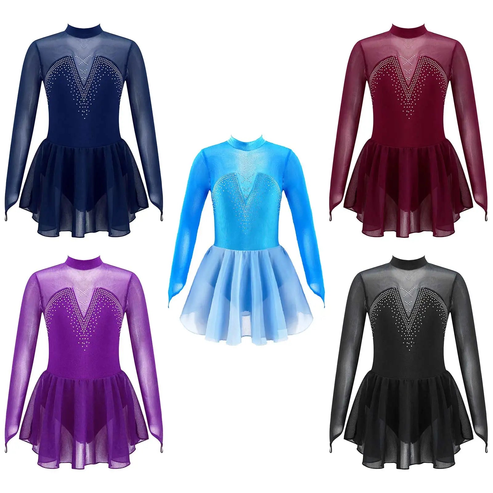 Girls' Long Sleeve Ballet Dress with Rhinestone Mesh and Tulle Skirt