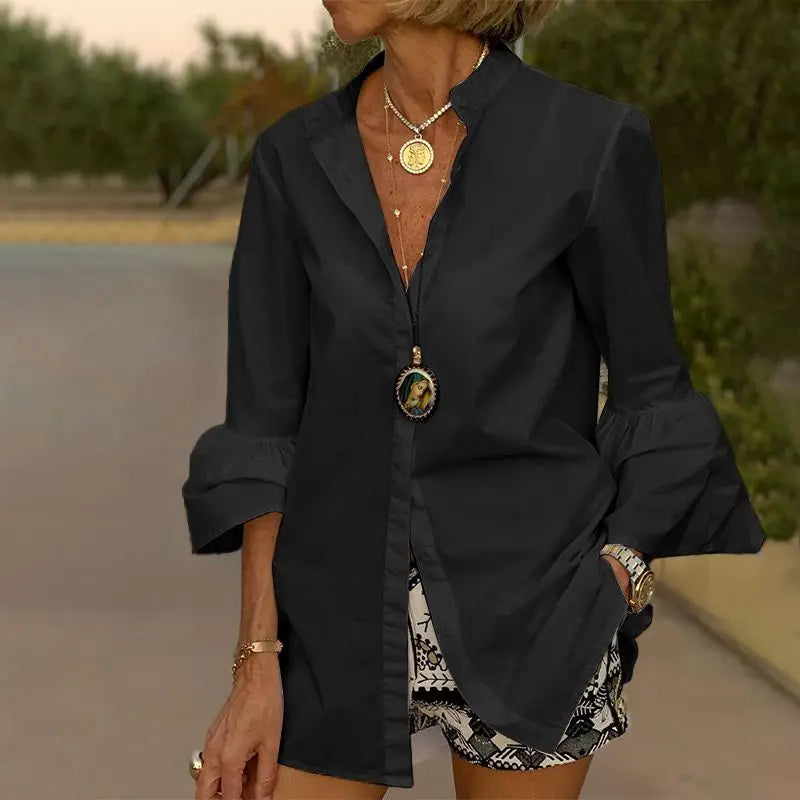 Women's Split Neck Blouse with Flared Three Quarter Sleeves