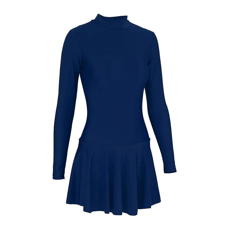 Women's Long Sleeve Skirted Ballet Leotard with Round Neck and Back Zipper