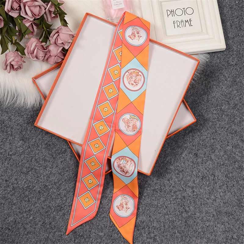 Horse Motif Skinny Ribbon Scarf with Printed Designs