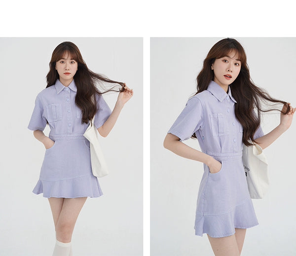 Ruffled Short Sleeves A- line Denim Dress