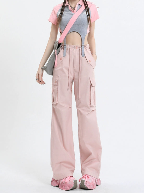 Qiyu Pink American High Waist Work Clothes Jeans for Women Autumn New Short Straight Loose Trousers