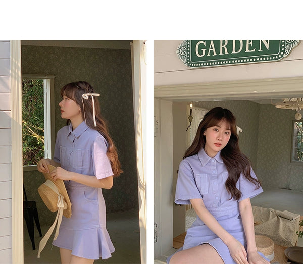 Ruffled Short Sleeves A- line Denim Dress