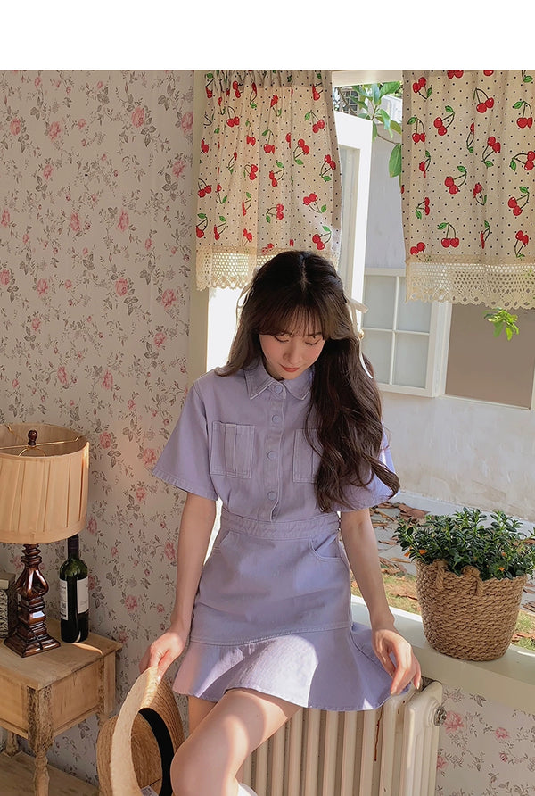 Ruffled Short Sleeves A- line Denim Dress