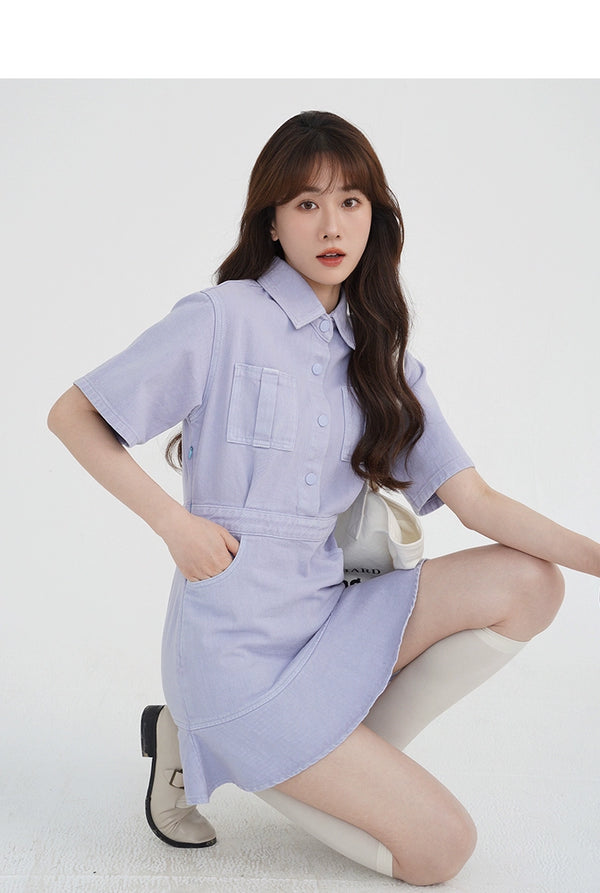 Ruffled Short Sleeves A- line Denim Dress