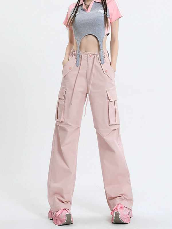 Qiyu Pink American High Waist Work Clothes Jeans for Women Autumn New Short Straight Loose Trousers