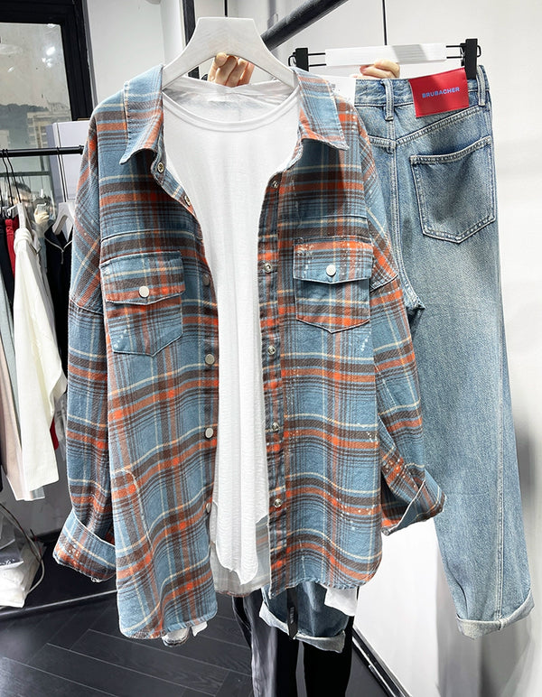 Age-Reducing High Quality Loose Paint Coat Plaid Shirt