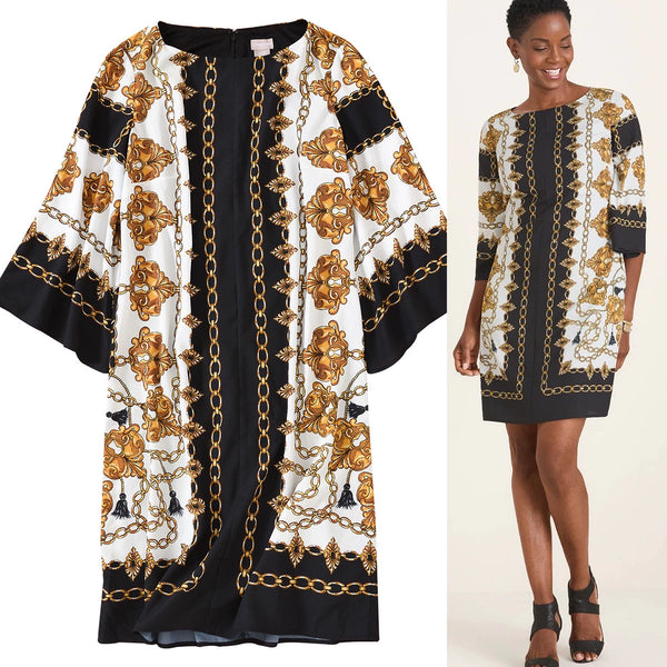 Fashion Ethnic Print round Neck 3/4 Flare Sleeve Mid Length Long Length Dress Export Original Sample Women's Clothes plus Size Summer
