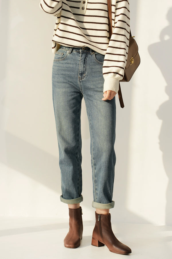 Washed Straight Slim Looking Spring and Autumn Women's Jeans