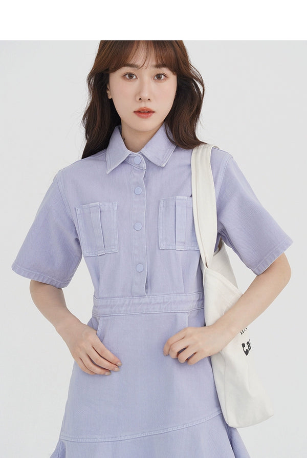 Ruffled Short Sleeves A- line Denim Dress