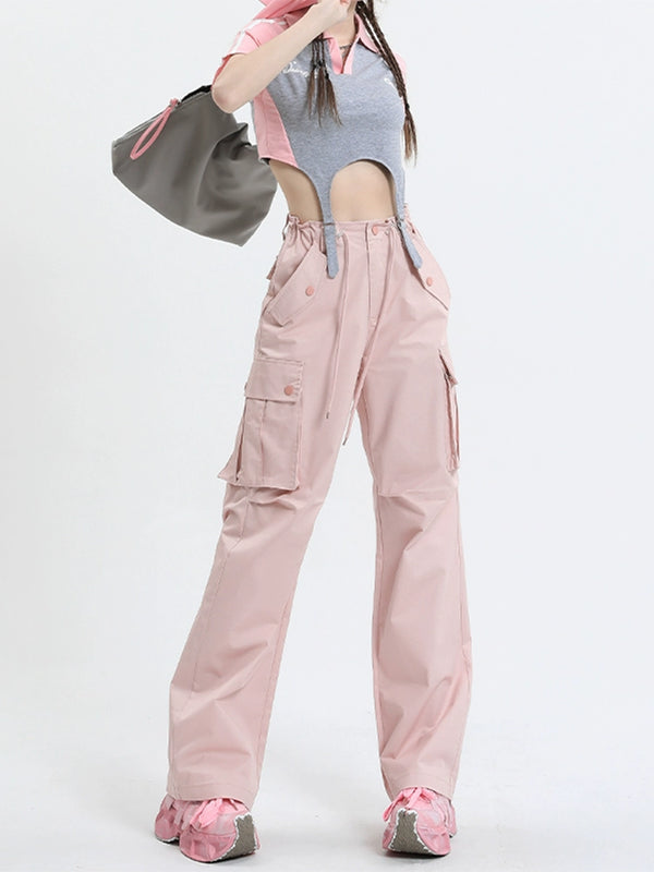 Qiyu Pink American High Waist Work Clothes Jeans for Women Autumn New Short Straight Loose Trousers