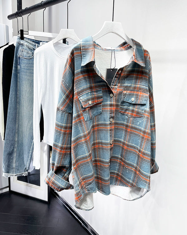 Age-Reducing High Quality Loose Paint Coat Plaid Shirt
