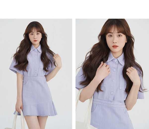 Ruffled Short Sleeves A- line Denim Dress
