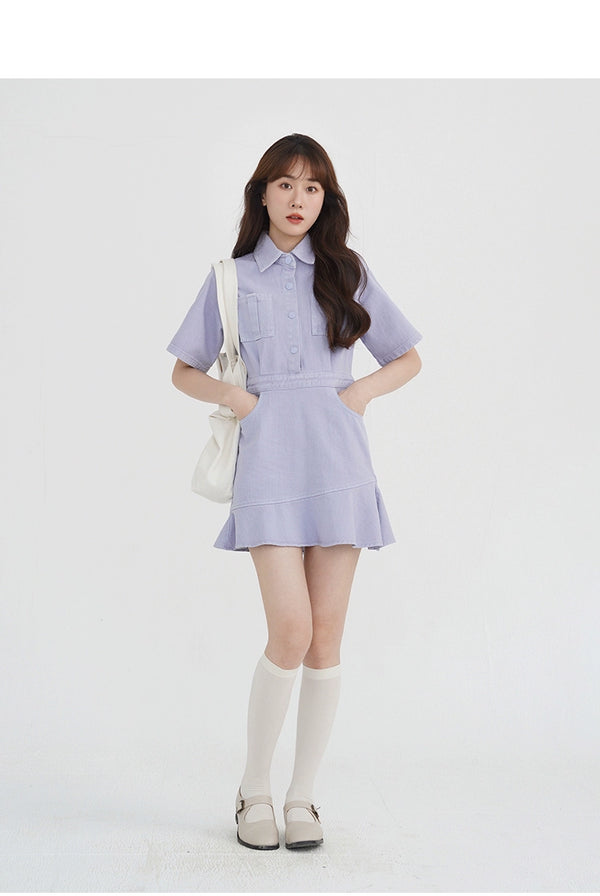 Ruffled Short Sleeves A- line Denim Dress