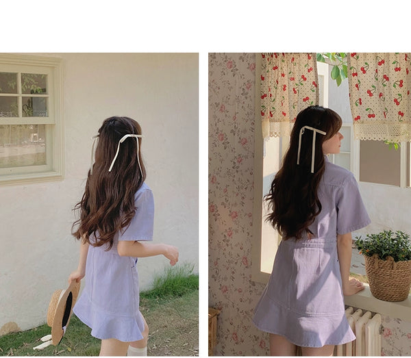 Ruffled Short Sleeves A- line Denim Dress