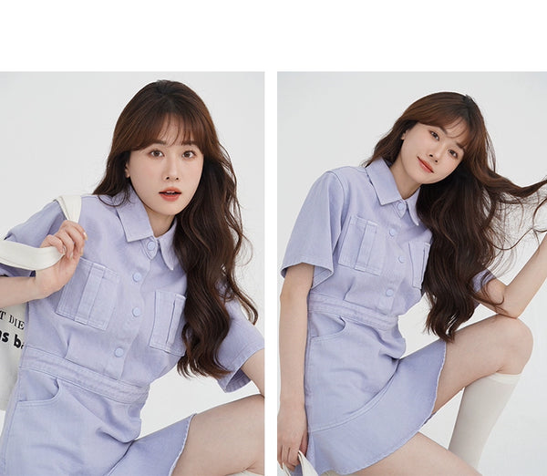 Ruffled Short Sleeves A- line Denim Dress