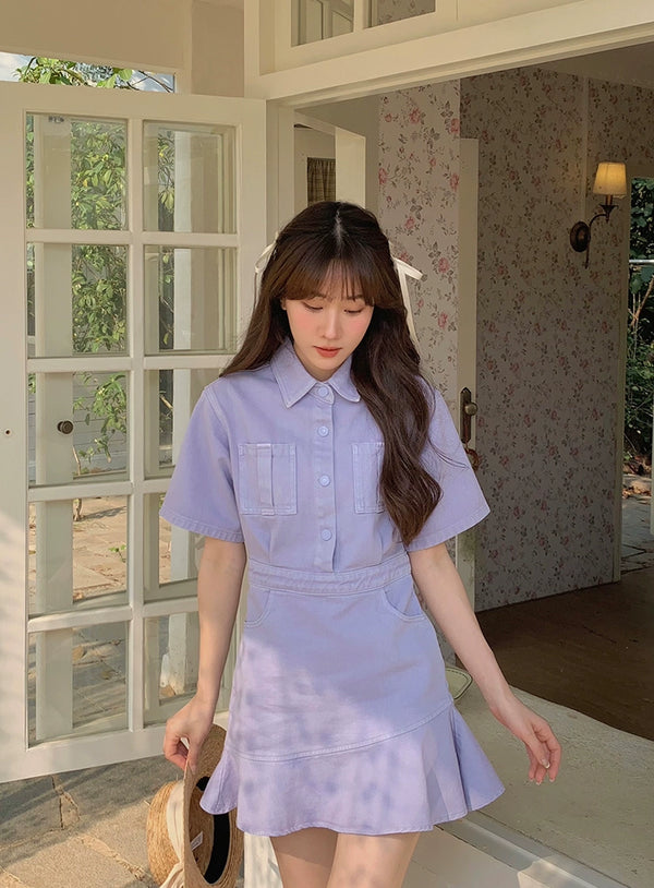 Ruffled Short Sleeves A- line Denim Dress