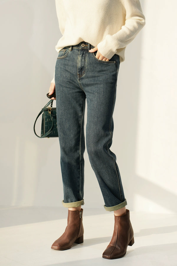 Washed Straight Slim Looking Spring and Autumn Women's Jeans
