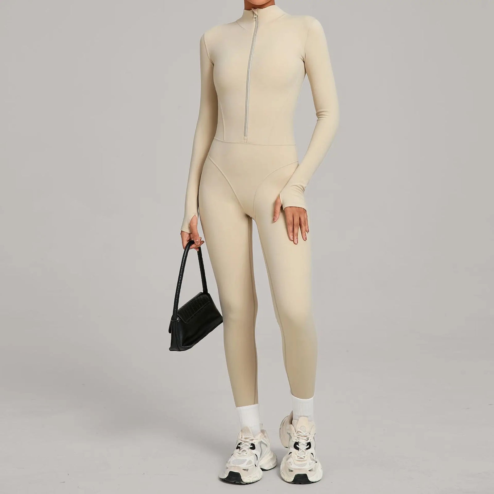Women's Long Sleeve Nylon Blend Workout Jumpsuit with Stand Collar Zip