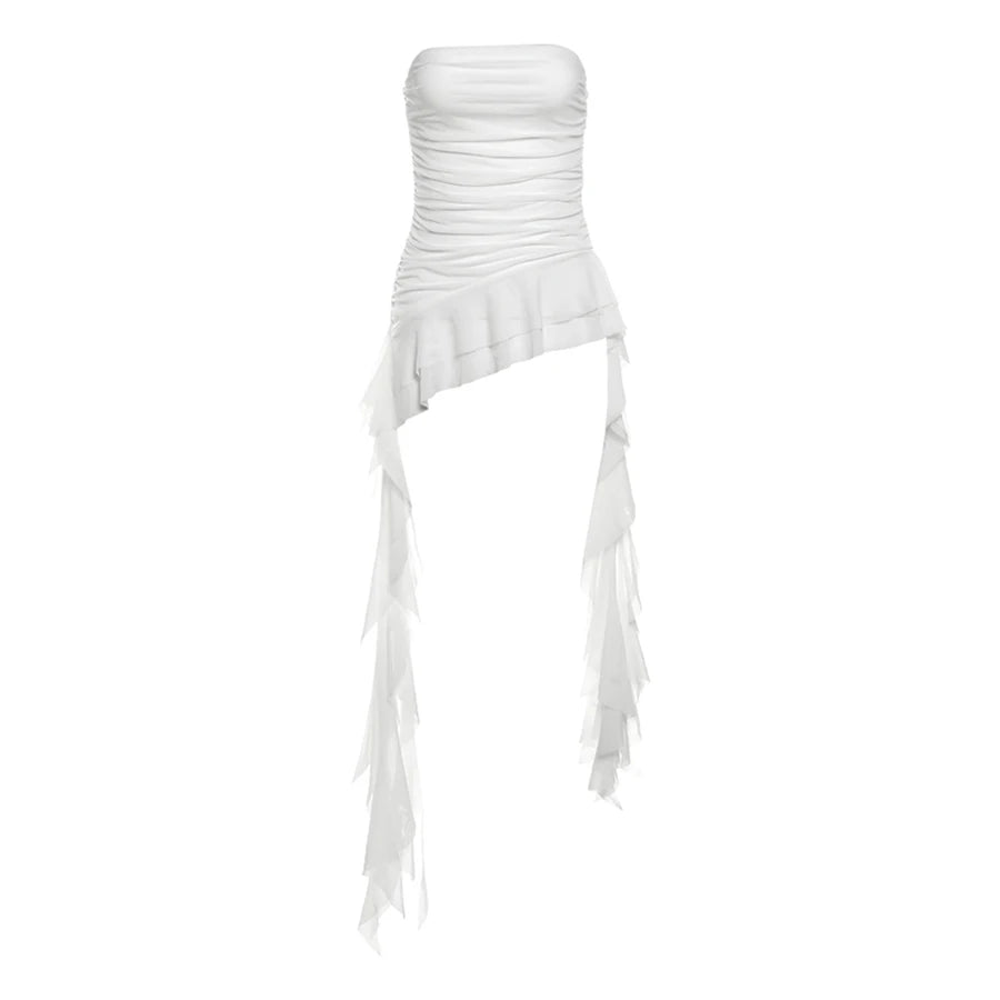 Women's Strapless Polyester Blend Ruched Top with Long Asymmetric Tassel Hem