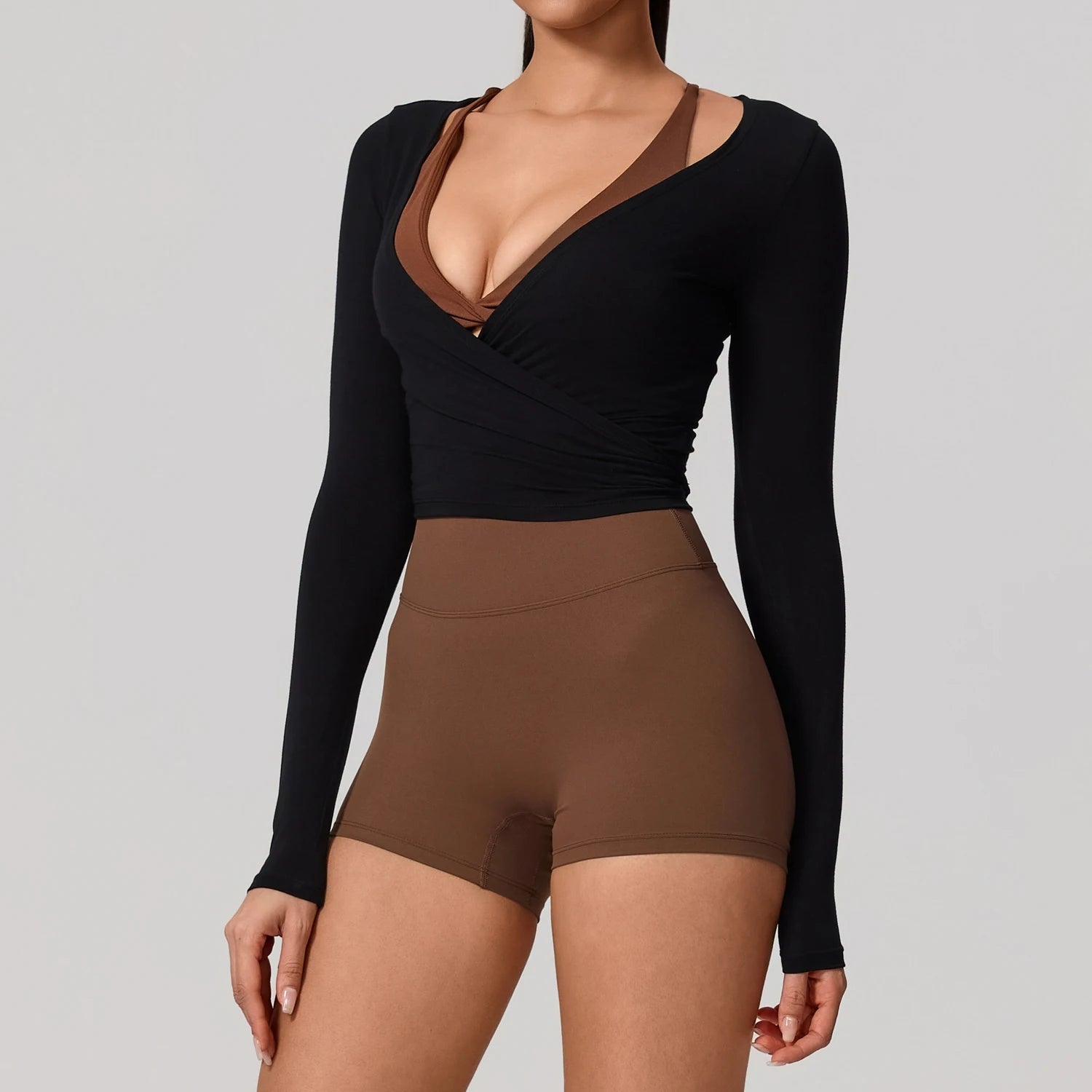 Women's Wrap Tie Front Long Sleeve Crop Top