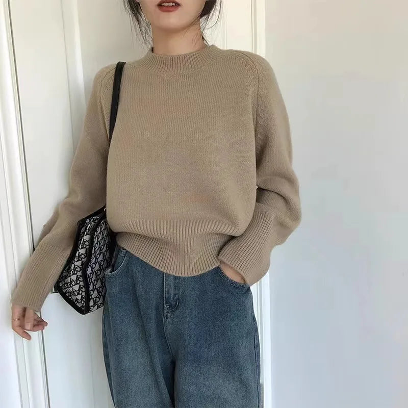 Pure wool retro sweater crewneck pullover short knitwear women's top trend