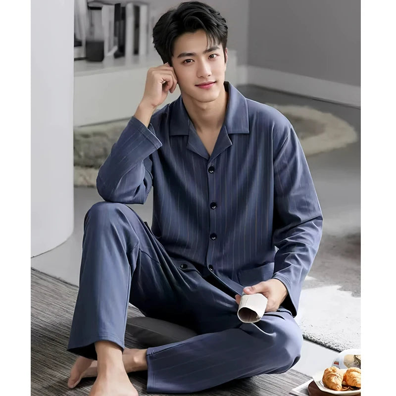Men's Printed Button Front Long Sleeve Shirt and Pants Pajama Set