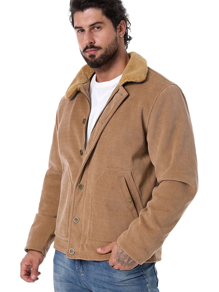 Men's Winter Corduroy Jacket Fleece Warm Lined Cargo Work Jacket Casual Thick Sherpa Collar Trucker Deck Navy Coats