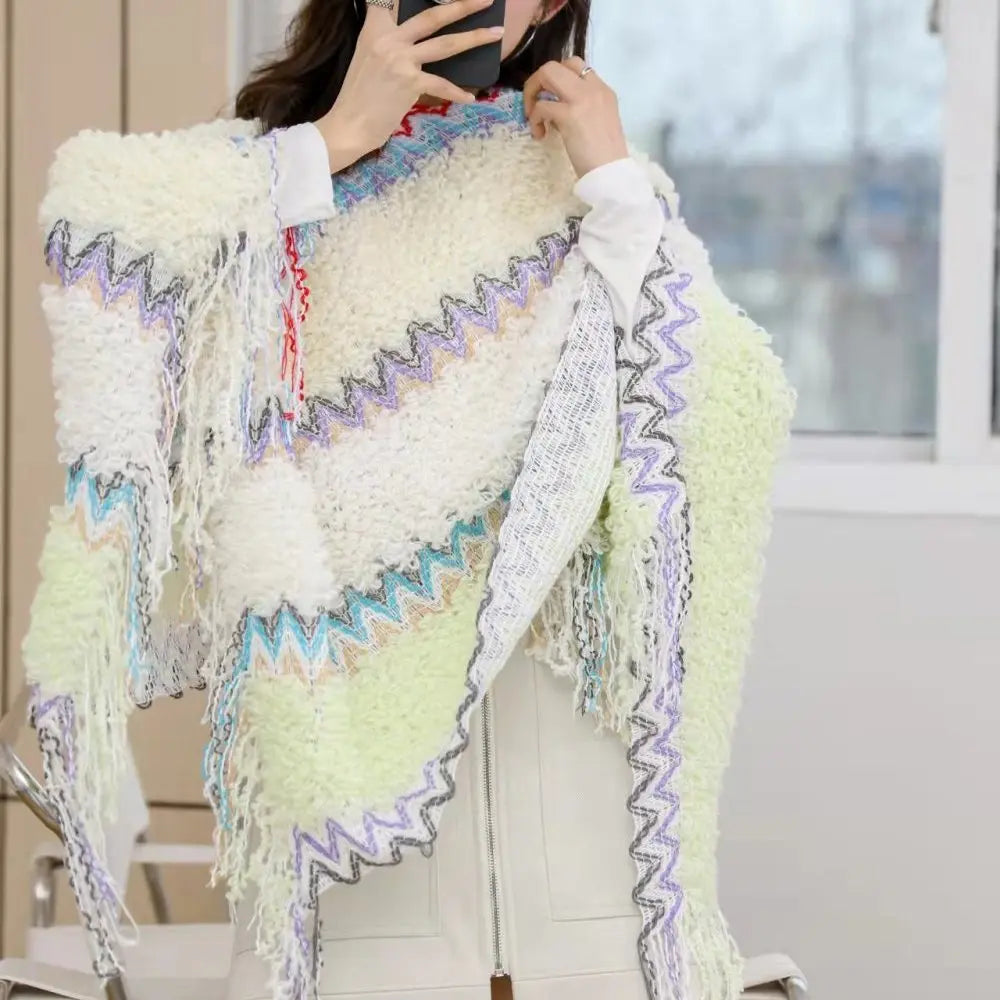 Zigzag Knit Fringe Poncho for Layering over Outfits