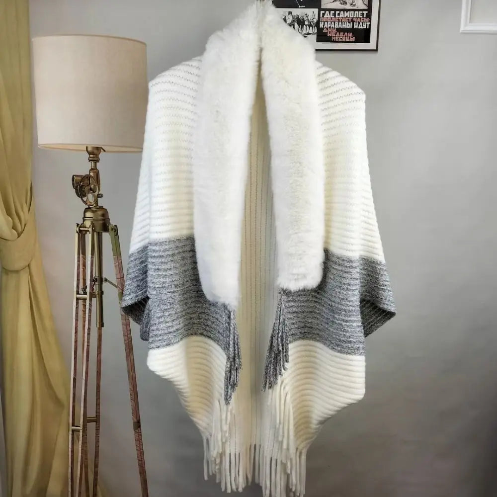 Plush Collar Ribbed Fringe Poncho for Layering over Outfits