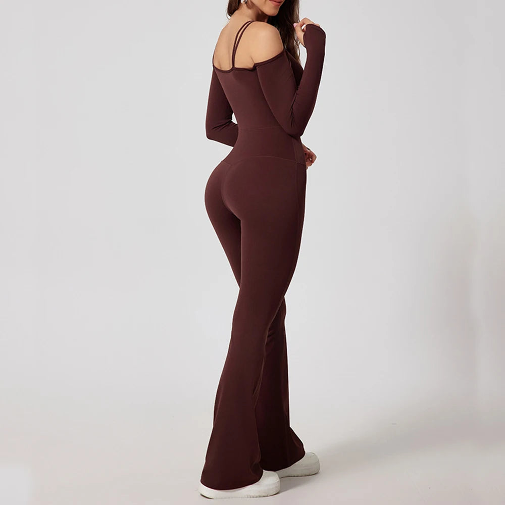 Women's Cold Shoulder Nylon Blend Workout Jumpsuit with Long Sleeves and Flared Legs