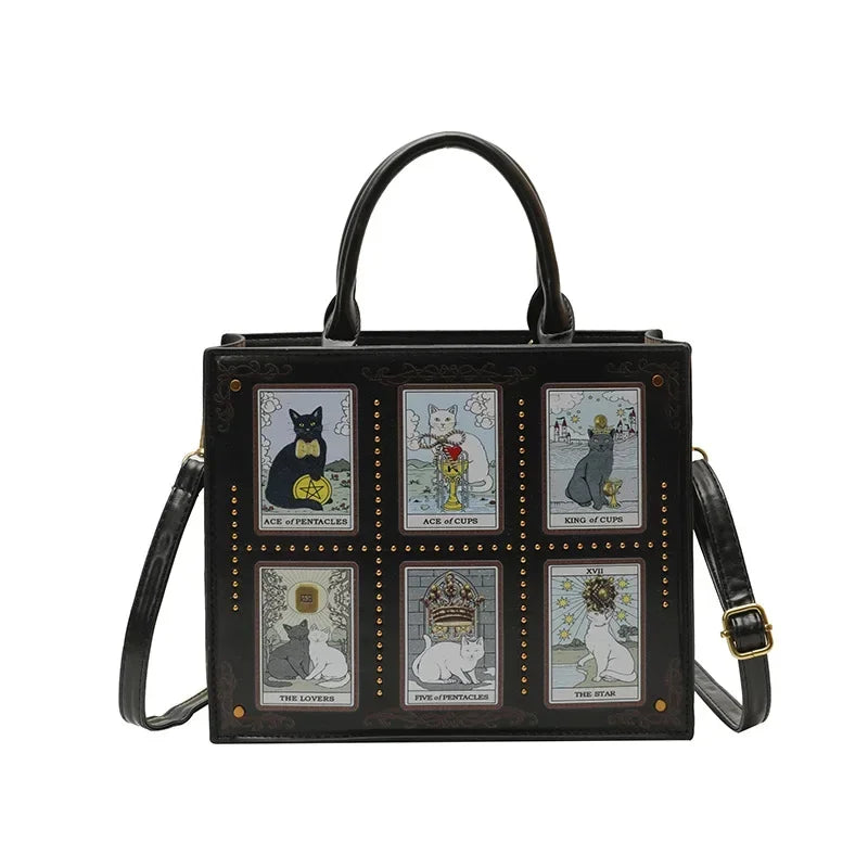 Women's Tarot Cat Print Tote Handbag with Handles and Crossbody Strap
