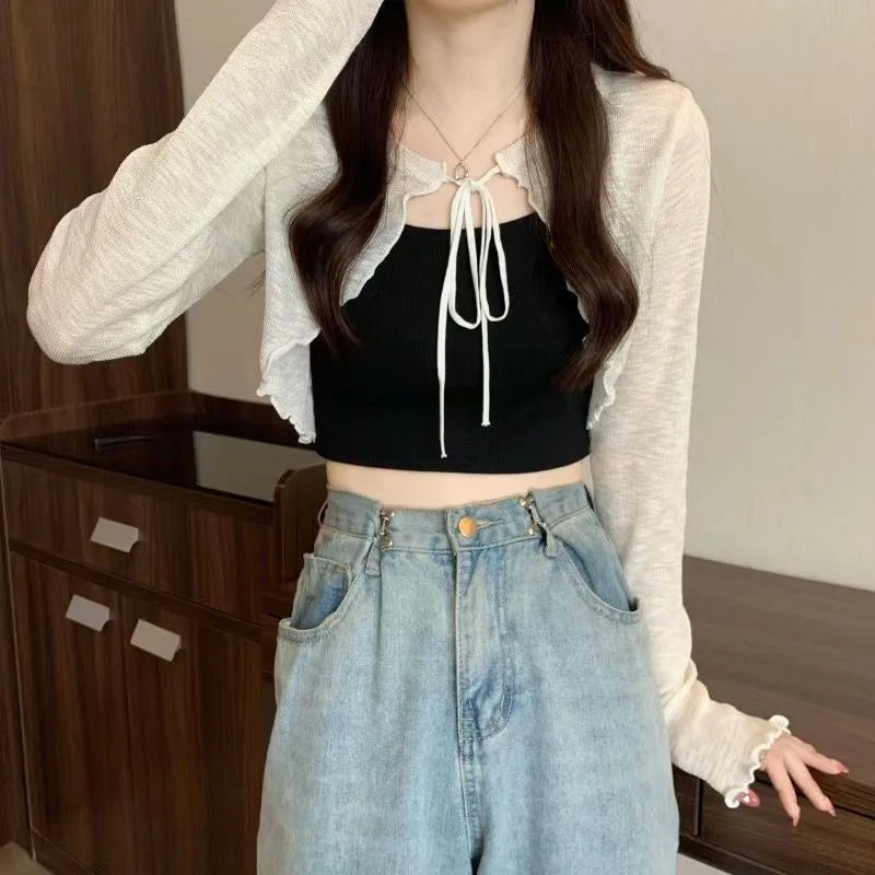 Women's Tie Front Cropped Long Sleeve Cardigan Casual Knit Layer